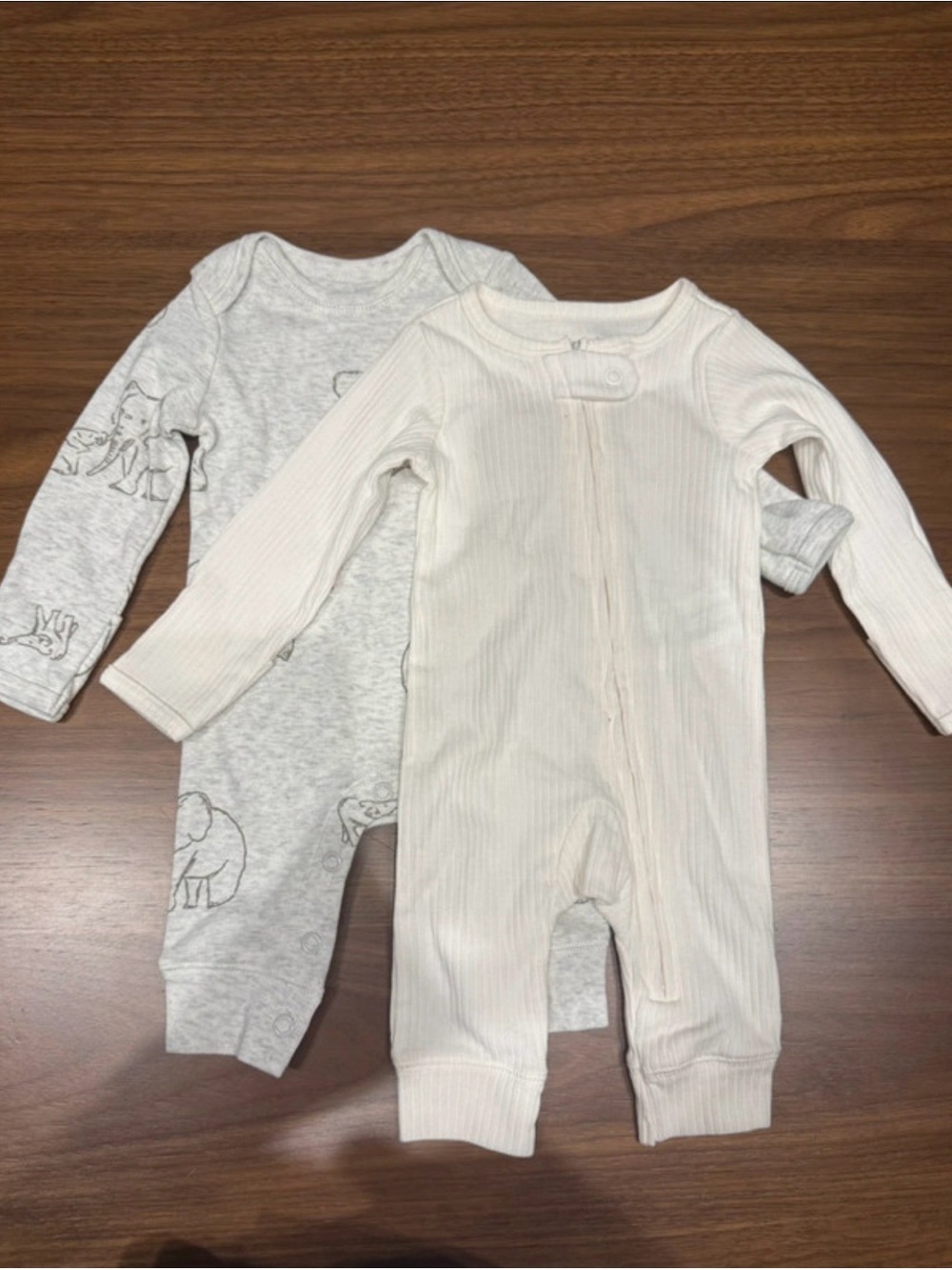 Carter's Neutral Ribbed Cream & Light Gray Elephant One-Piece Set